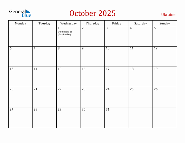 Ukraine October 2025 Calendar - Monday Start