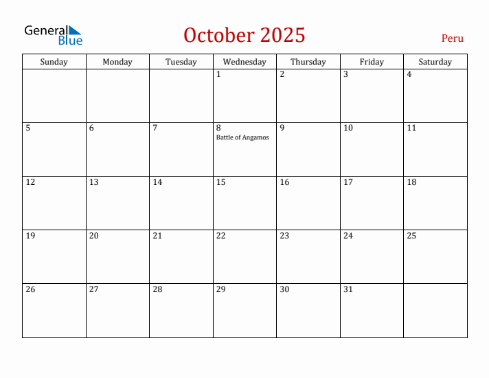 Peru October 2025 Calendar - Sunday Start