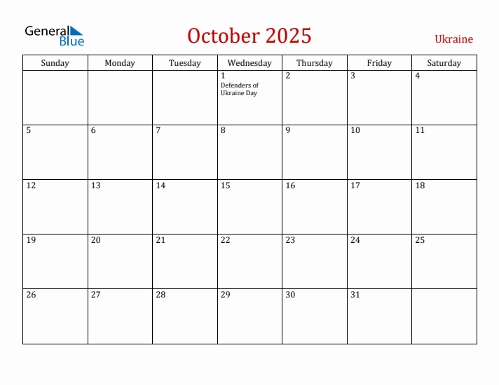 Ukraine October 2025 Calendar - Sunday Start