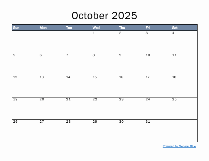 October 2025 Simple Month Calendar Template