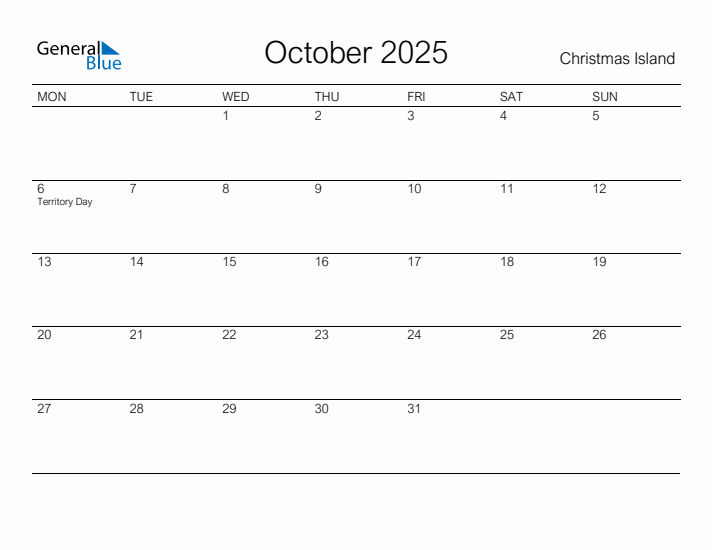 Printable October 2025 Calendar for Christmas Island