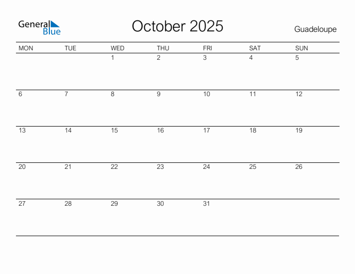 Printable October 2025 Calendar for Guadeloupe