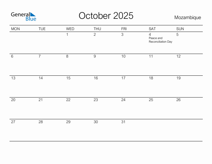 Printable October 2025 Calendar for Mozambique