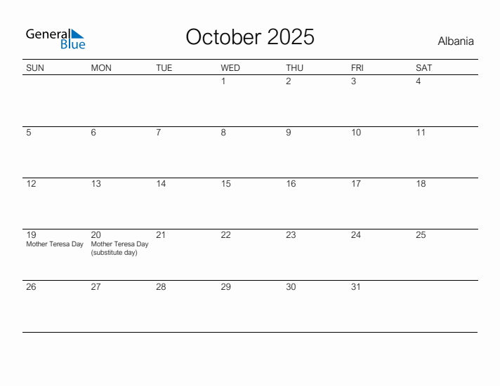 Printable October 2025 Calendar for Albania