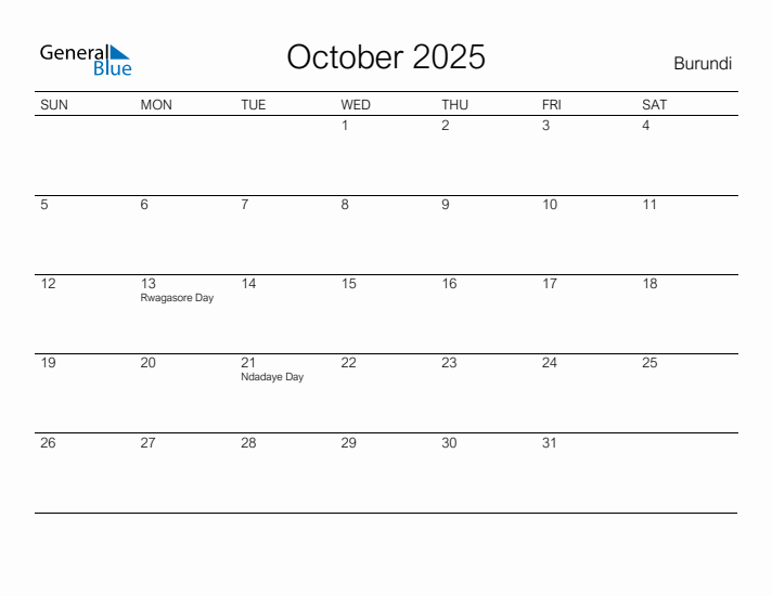 Printable October 2025 Calendar for Burundi