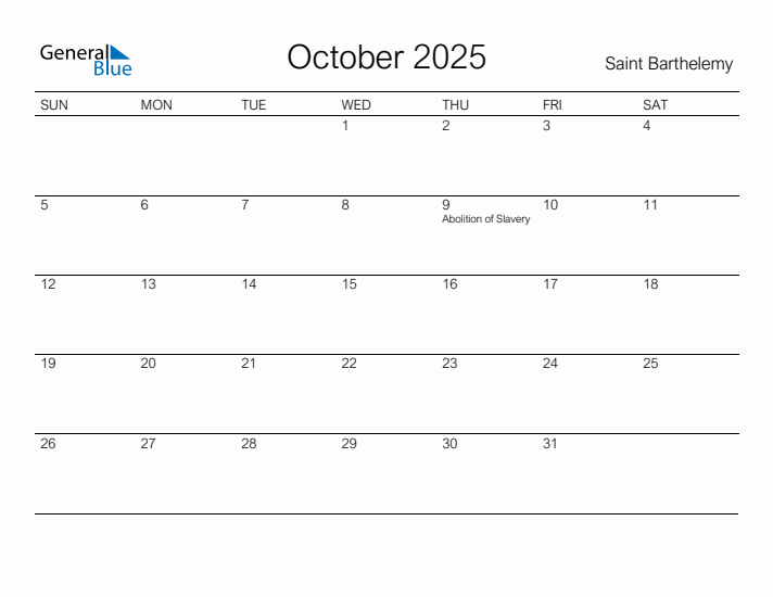 Printable October 2025 Calendar for Saint Barthelemy