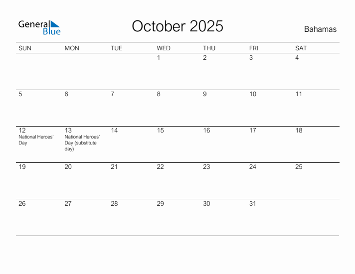 Printable October 2025 Calendar for Bahamas