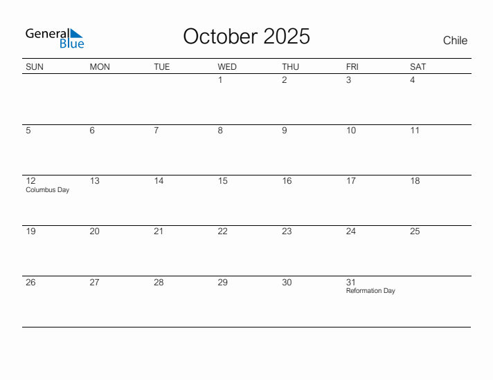 Printable October 2025 Calendar for Chile