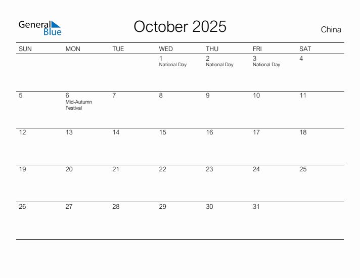 Printable October 2025 Calendar for China