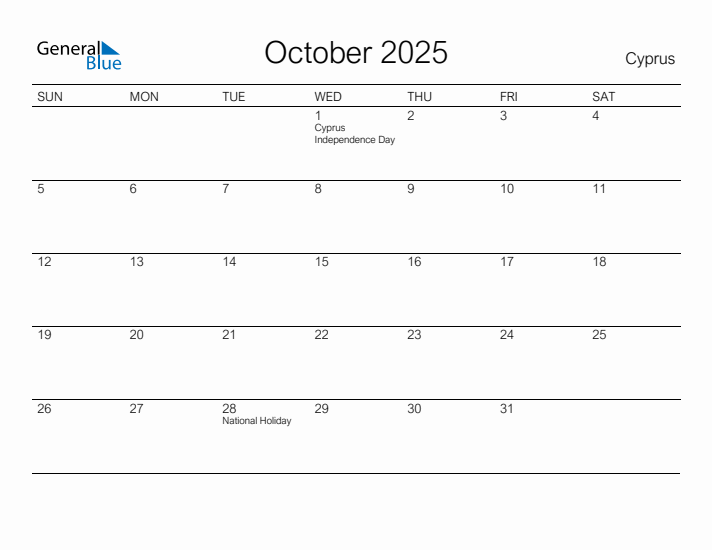 Printable October 2025 Calendar for Cyprus