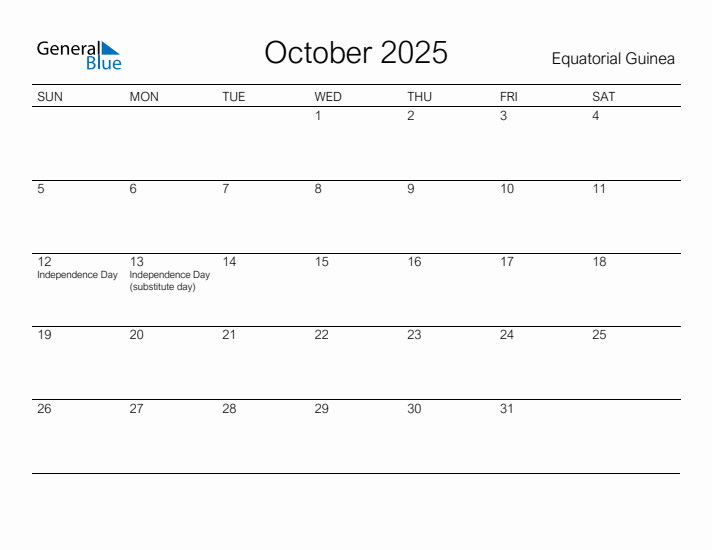 Printable October 2025 Calendar for Equatorial Guinea