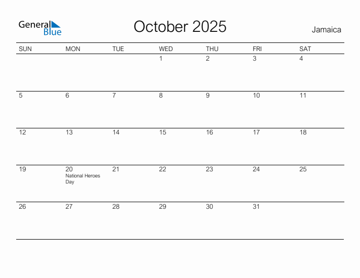 Printable October 2025 Calendar for Jamaica