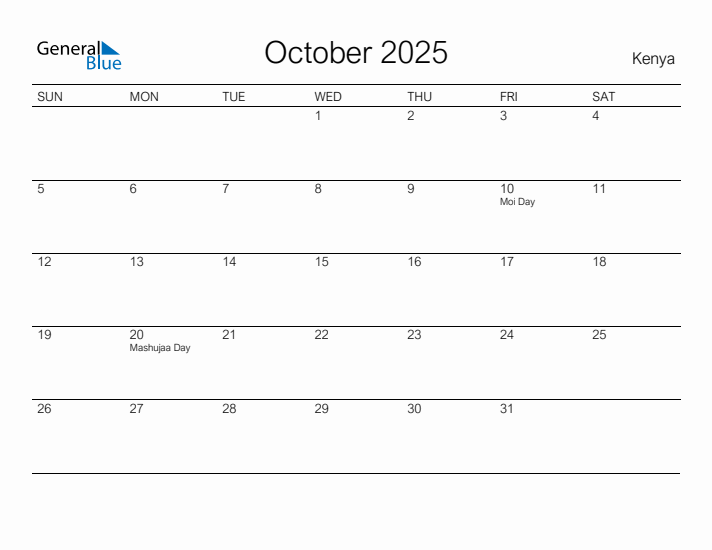 Printable October 2025 Calendar for Kenya