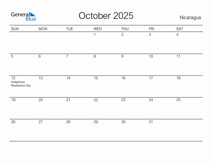 Printable October 2025 Calendar for Nicaragua