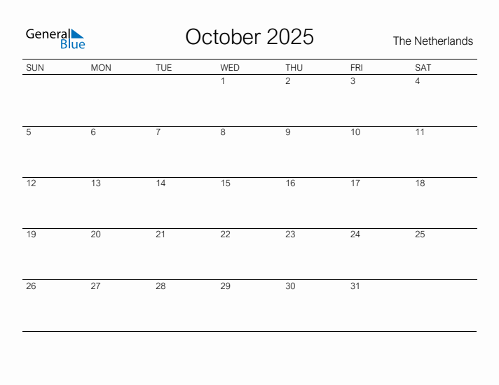 Printable October 2025 Calendar for The Netherlands