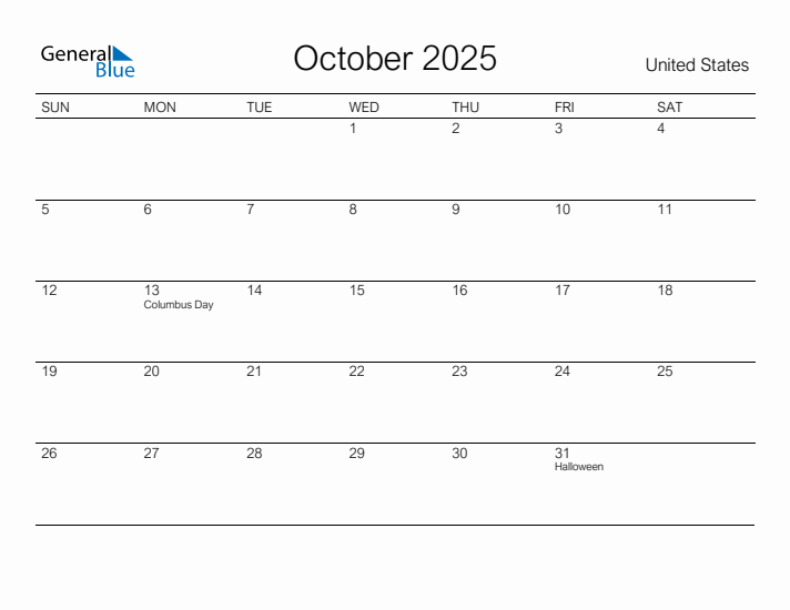 Printable October 2025 Calendar for United States