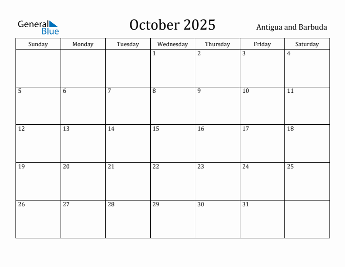 October 2025 Calendar Antigua and Barbuda