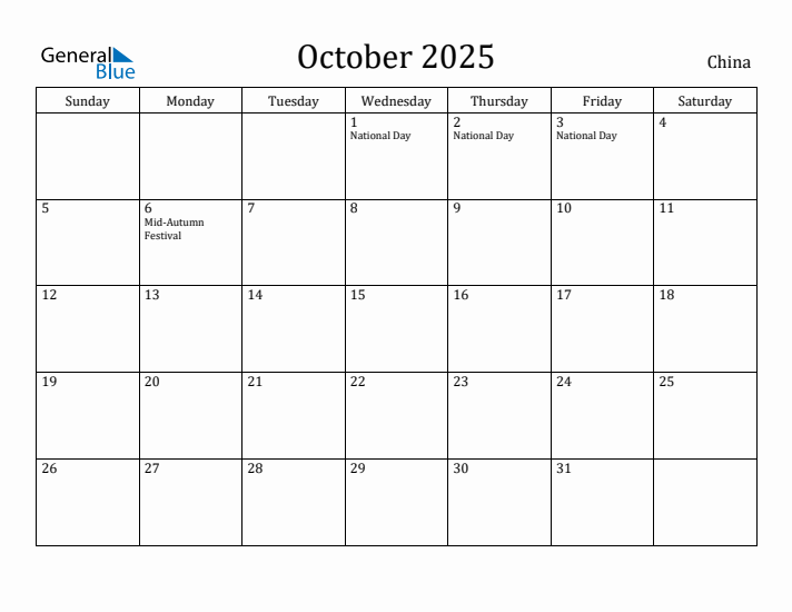 October 2025 Calendar China