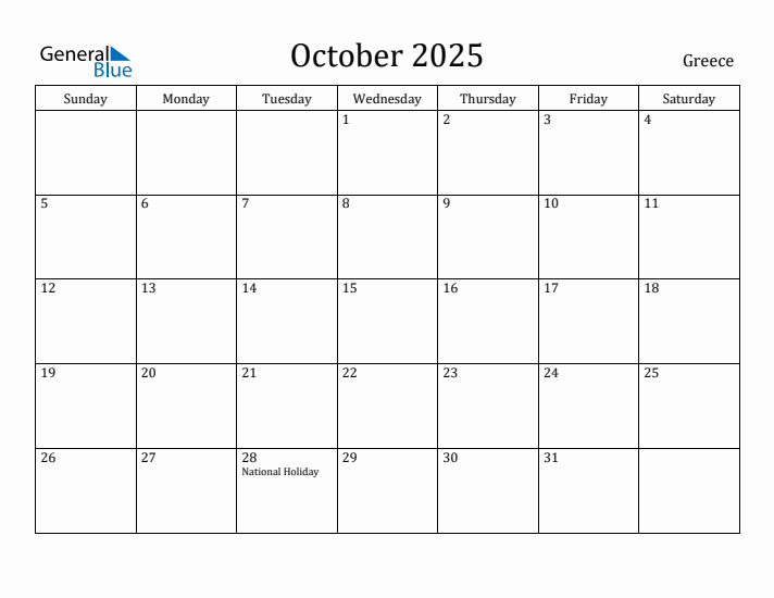 October 2025 Calendar Greece