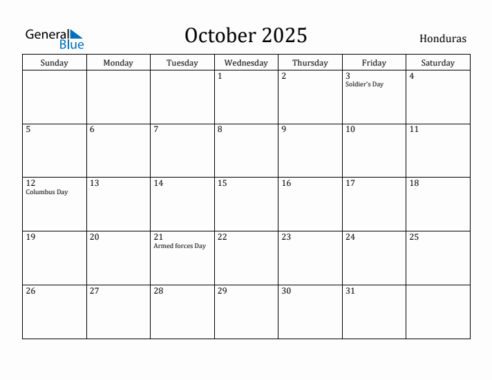 October 2025 Calendar Honduras