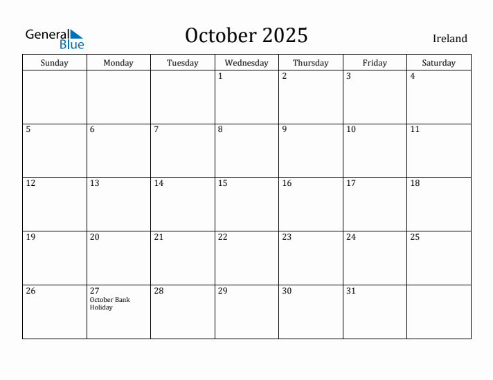 October 2025 Calendar Ireland