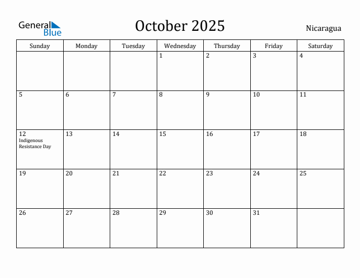 October 2025 Calendar Nicaragua