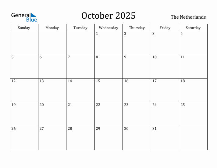 October 2025 Calendar The Netherlands