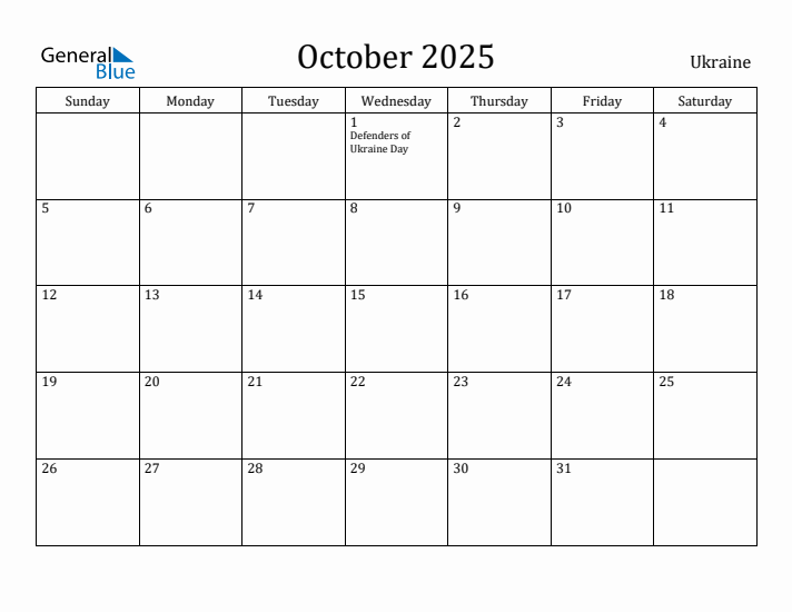 October 2025 Calendar Ukraine