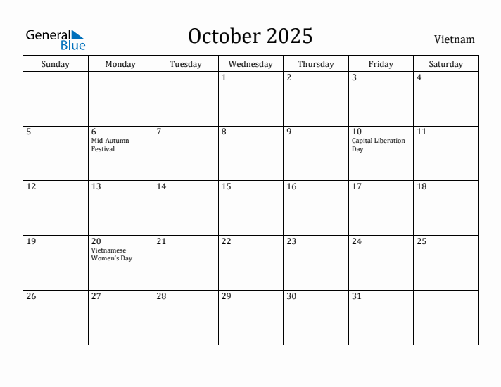 October 2025 Calendar Vietnam