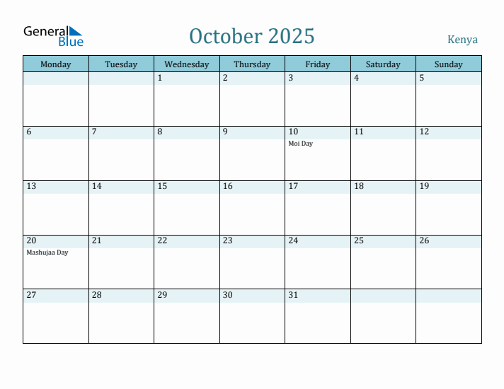 October 2025 Calendar with Holidays