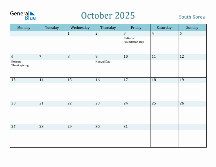 October 2025 Calendar with Holidays