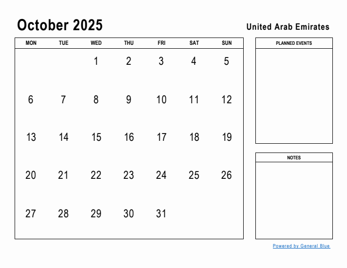 October 2025 Printable Monthly Calendar with United Arab Emirates Holidays