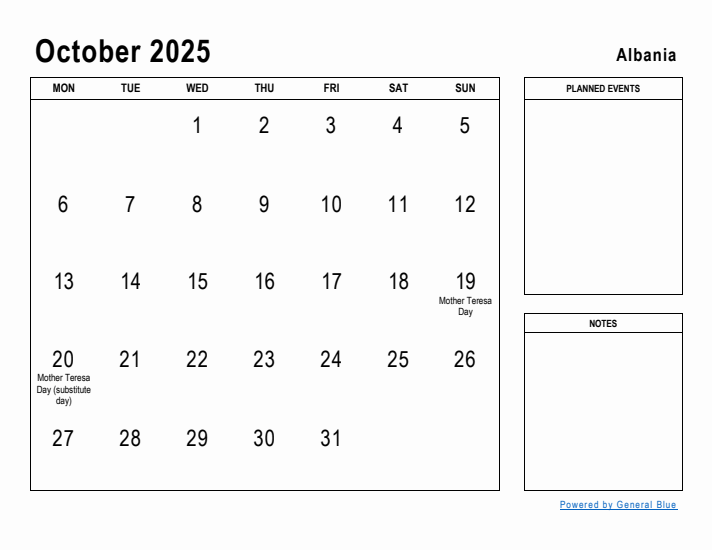 October 2025 Printable Monthly Calendar with Albania Holidays