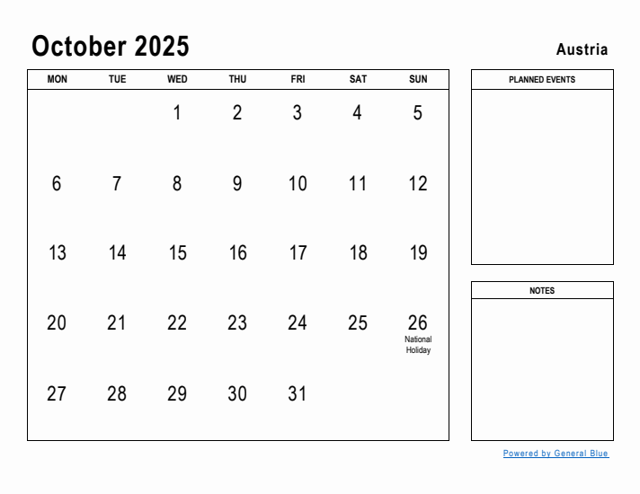 October 2025 Printable Monthly Calendar with Austria Holidays