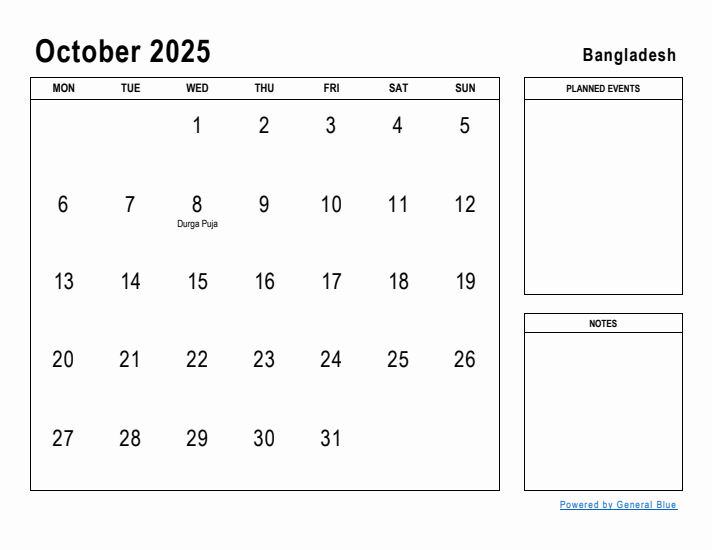 October 2025 Printable Monthly Calendar with Bangladesh Holidays