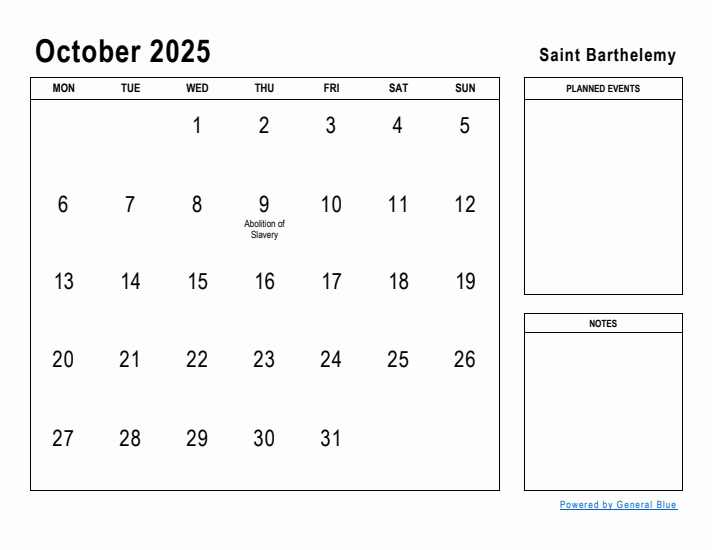 October 2025 Printable Monthly Calendar with Saint Barthelemy Holidays