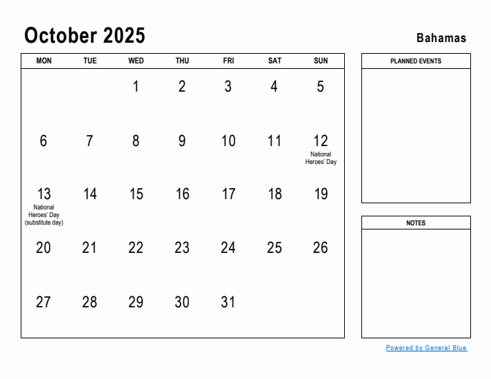 October 2025 Printable Monthly Calendar with Bahamas Holidays