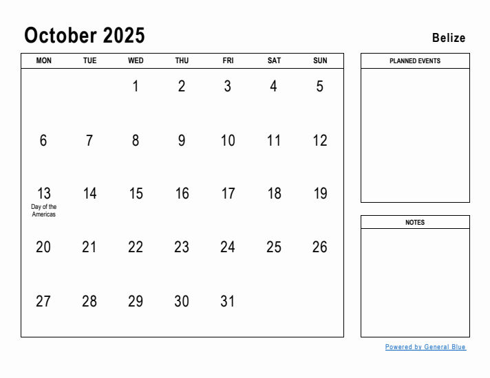 October 2025 Printable Monthly Calendar with Belize Holidays