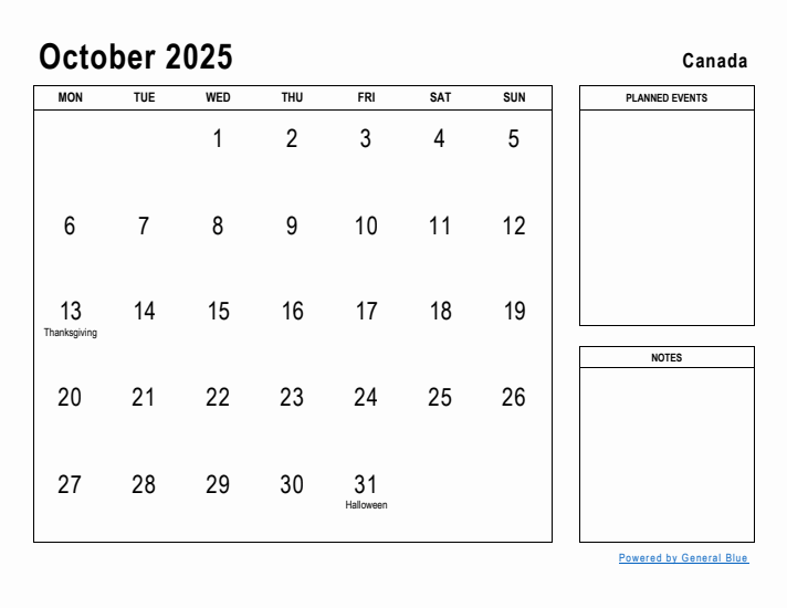 October 2025 Printable Monthly Calendar with Canada Holidays