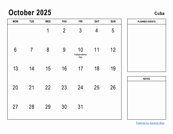 October 2025 Printable Monthly Calendar with Cuba Holidays