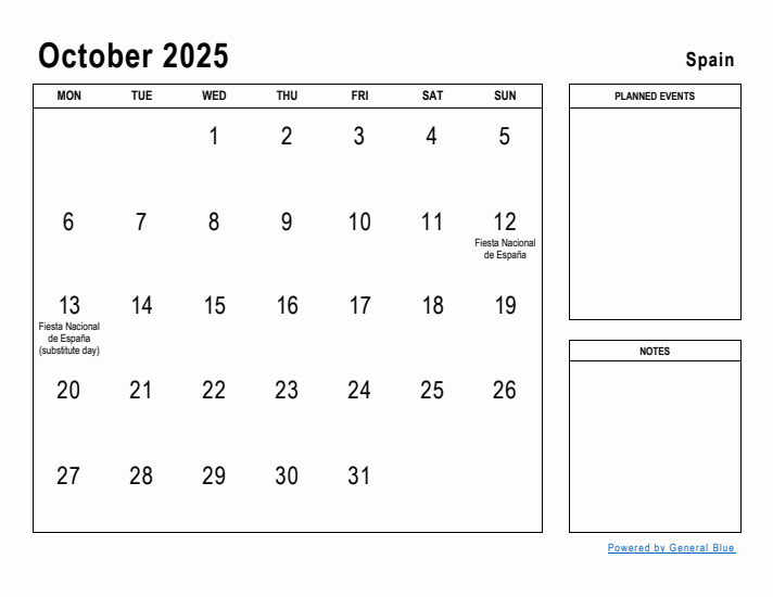 October 2025 Printable Monthly Calendar with Spain Holidays