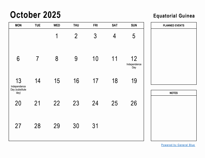 October 2025 Printable Monthly Calendar with Equatorial Guinea Holidays