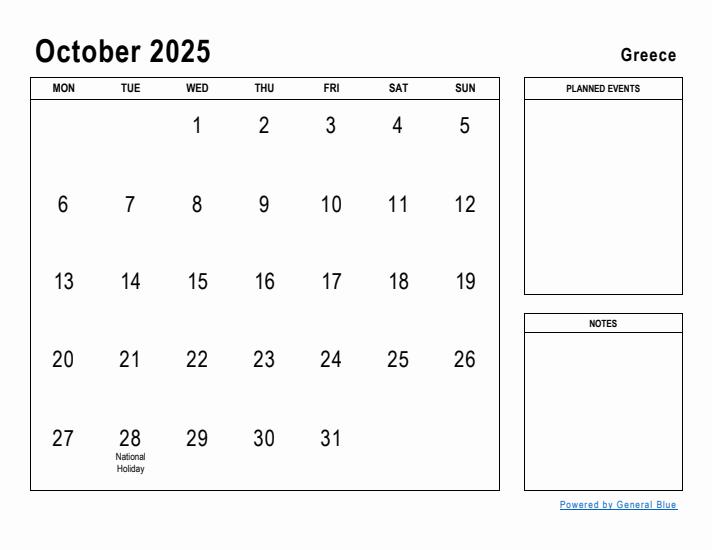 October 2025 Printable Monthly Calendar with Greece Holidays