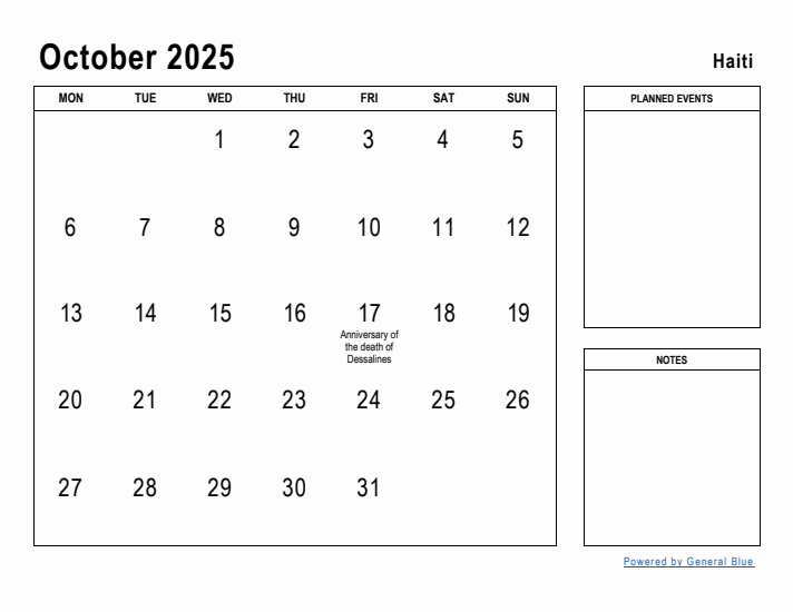 October 2025 Printable Monthly Calendar with Haiti Holidays