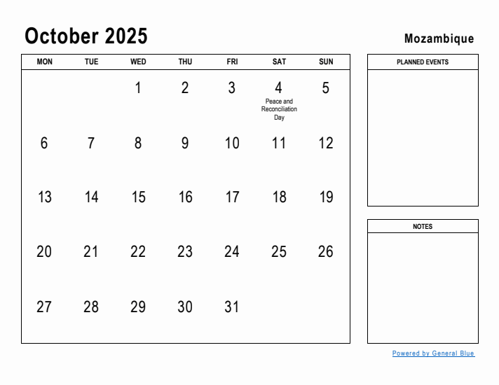 October 2025 Printable Monthly Calendar with Mozambique Holidays