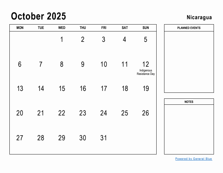 October 2025 Printable Monthly Calendar with Nicaragua Holidays