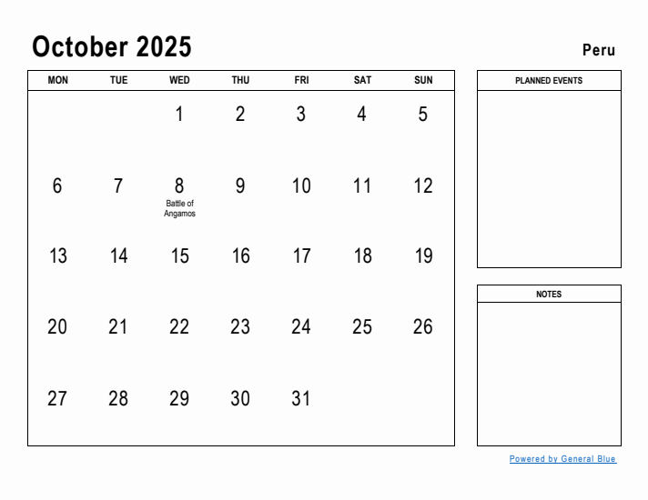 October 2025 Printable Monthly Calendar with Peru Holidays