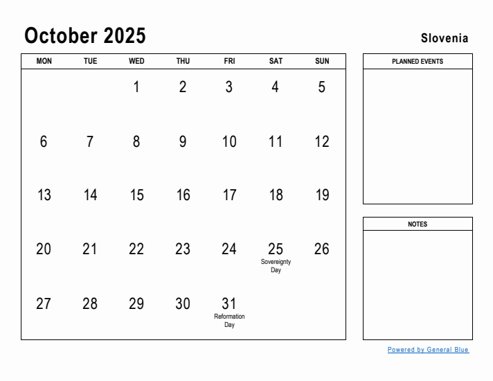 October 2025 Printable Monthly Calendar with Slovenia Holidays