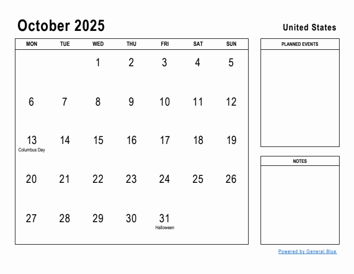 October 2025 Printable Monthly Calendar with United States Holidays