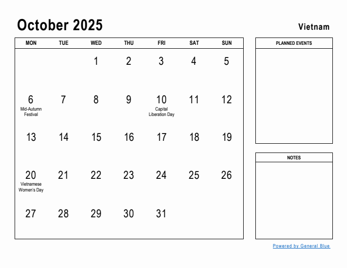 October 2025 Printable Monthly Calendar with Vietnam Holidays